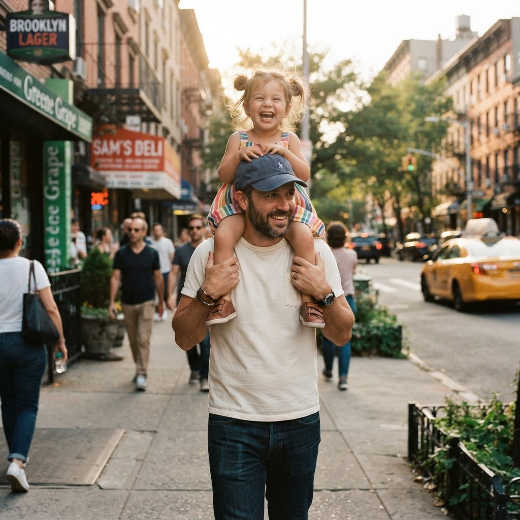A father carrying his laughing daughter on his shoulders through a busy Brooklyn street