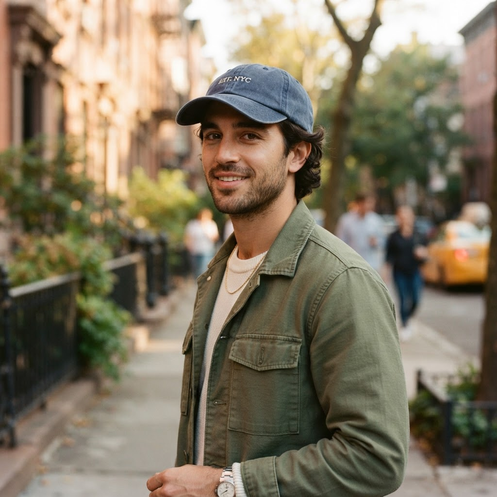 Man wearing the washed navy girl dad hat on a New York street